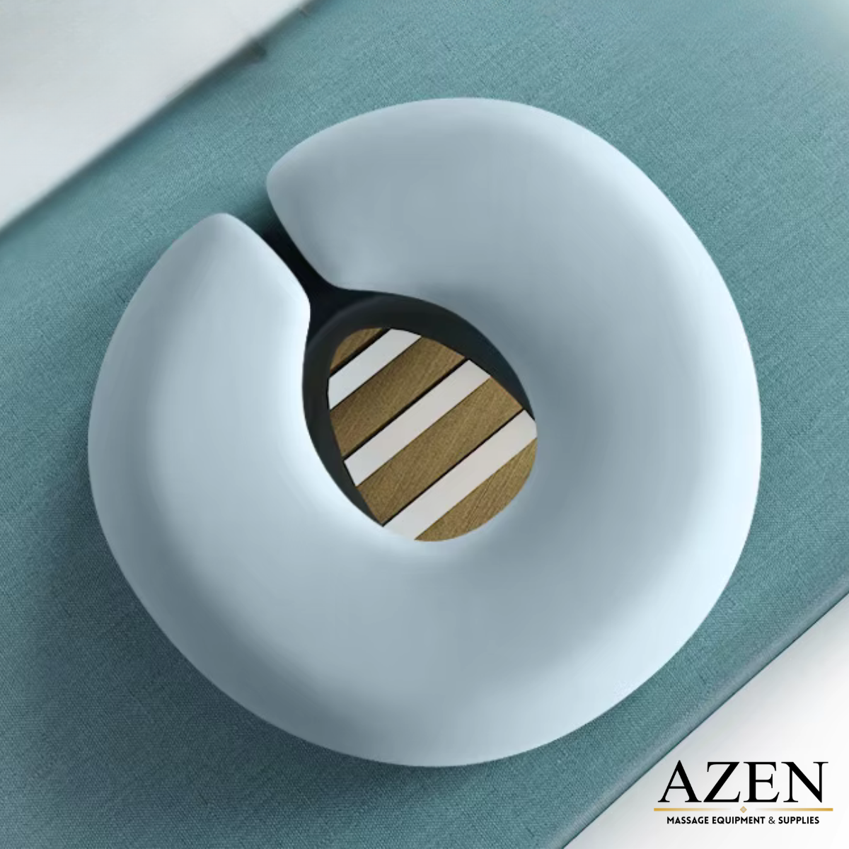 Pastel light blue with wooden center on a teal surface, AZEN brand