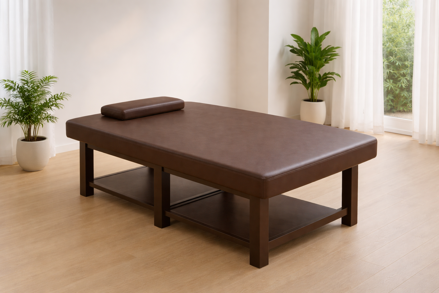 Brown leather thai massage table in a room with plants and large windows