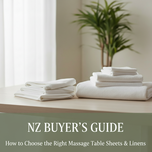 Neatly folded white massage table sheets and linens on a wooden surface with text reading How to Choose the Right Massage Table Sheets and Linens NZ Buyers Guide