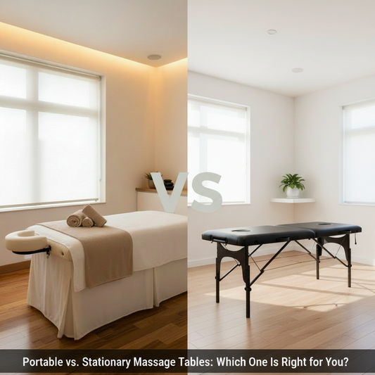 Side-by-side comparison of a stationary massage table in a clinic treatment room versus a portable massage table set up indoors