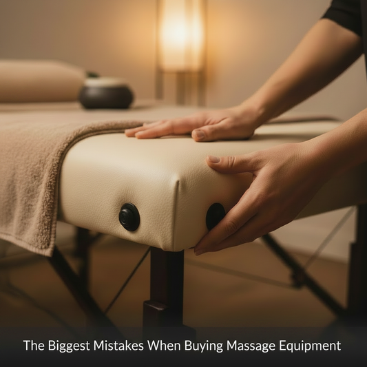Massage therapist adjusting a professional cream leather massage table in a warmly lit spa room, with the text 'The Biggest Mistakes When Buying Massage Equipment' overlaid at the bottom