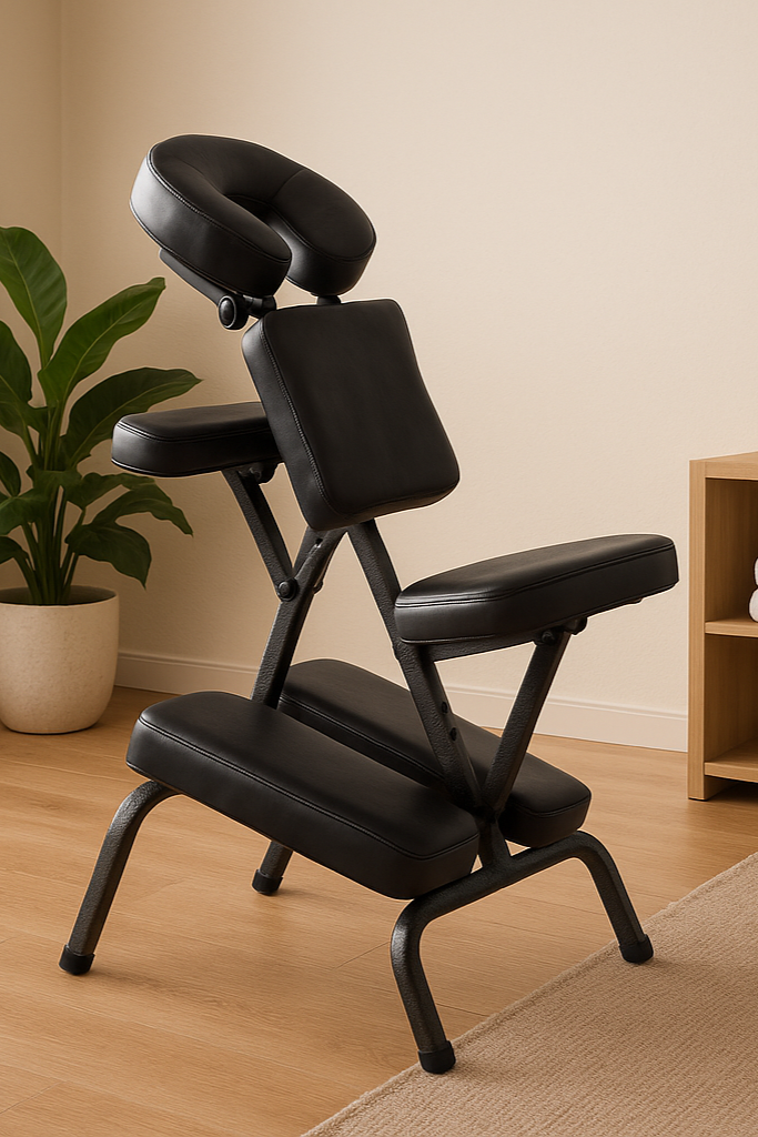 Black massage chair in a room with a plant and shelves.