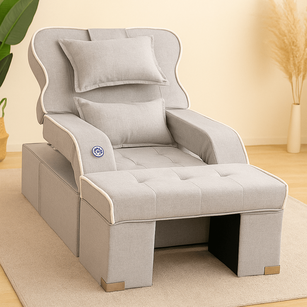 Gray armchair with a pillow on a light wooden floor.