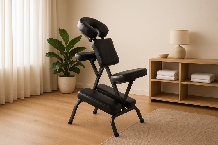 Black massage chair in a room with a plant and shelves.
