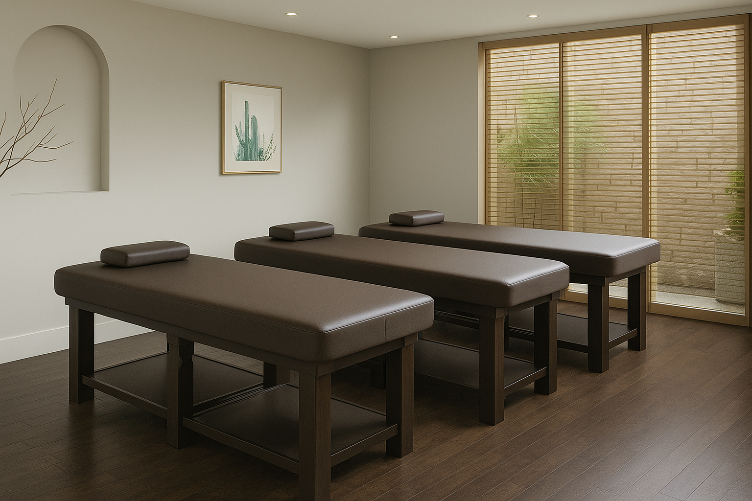 Three brown massage tables in a room with neutral walls and large windows.