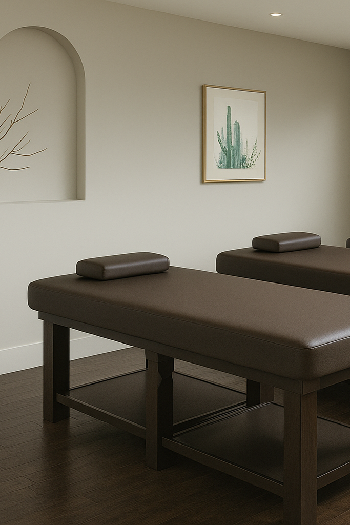 Three brown massage tables in a room with neutral walls and large windows.